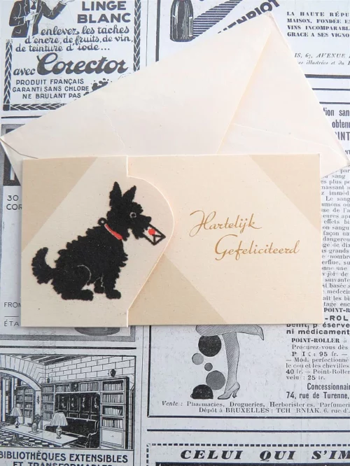 Kaartje Flock hondje "Hartelijk gefeliciteerd"