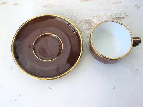 Franse bistro kop en schotel  bruin/ goud