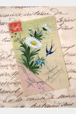 Antieke celluloid kaart "Heureux Anniversaire"