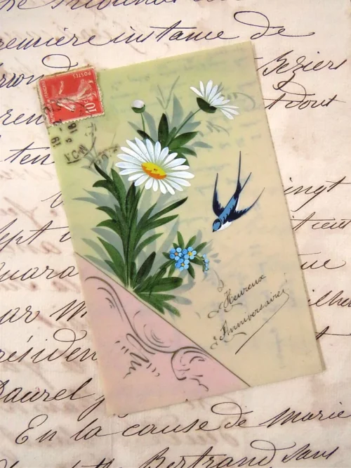 Antieke celluloid kaart "Heureux Anniversaire"