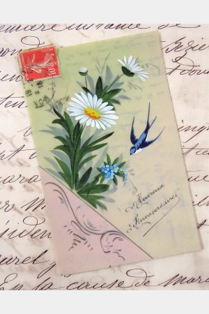 Antieke celluloid kaart "Heureux Anniversaire"
