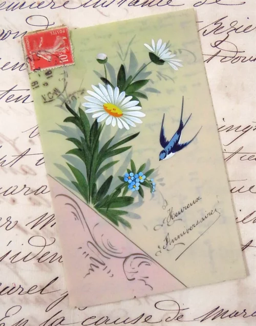 Antieke celluloid kaart "Heureux Anniversaire"