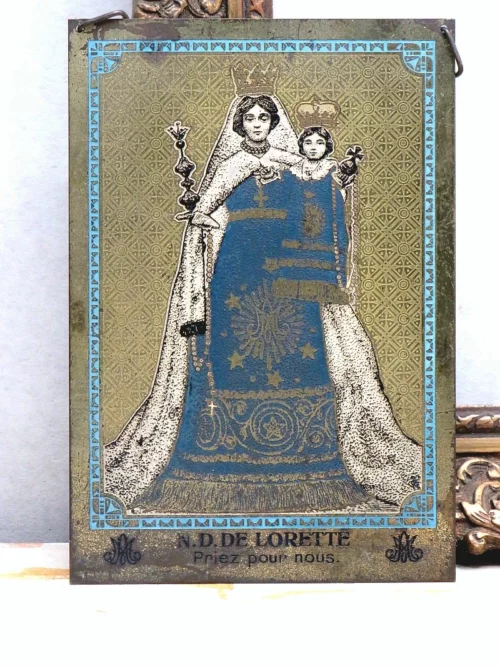 Antieke Franse religieuze wandhanger "Notre Dame de Lorette"