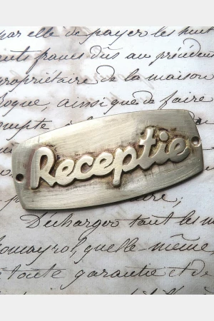 Oud messing deurplaatje "Receptie"