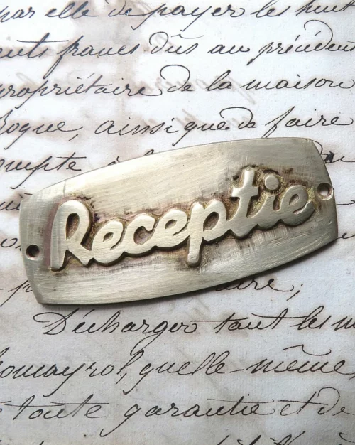 Oud messing deurplaatje "Receptie"