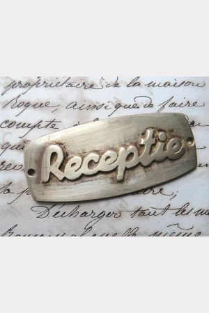 Oud messing deurplaatje "Receptie"