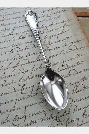 Set (4 stuks)  oude verzilverde Engelse thee-/ koffielepels "Iris"