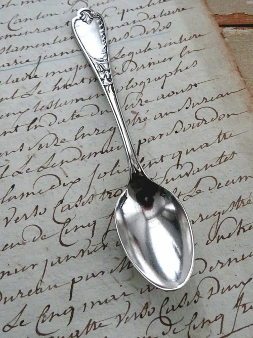 Set (4 stuks)  oude verzilverde Engelse thee-/ koffielepels "Iris"
