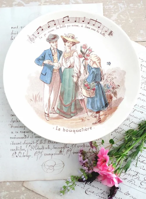 Frans decoratief bord Sarreguemines "La bouquetière"