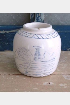 Oude gemberpot wit/ blauw