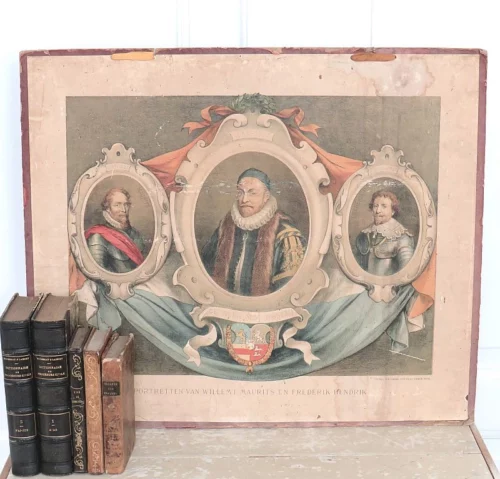 Antieke schoolplaat  "Willem I, Maurits en Frederik Hendrik van Oranje"
