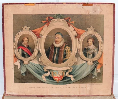 Antieke schoolplaat  "Willem I, Maurits en Frederik Hendrik van Oranje"