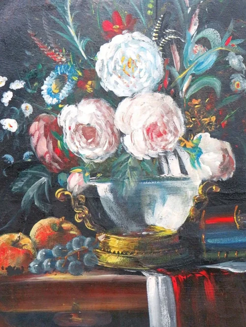 Antiek Frans schilderij  "Pioenrozen"