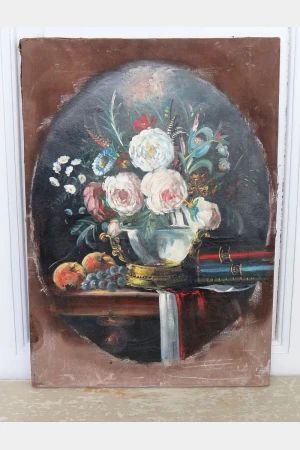Antiek Frans schilderij  "Pioenrozen"