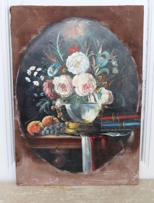 Antiek Frans schilderij  "Pioenrozen"