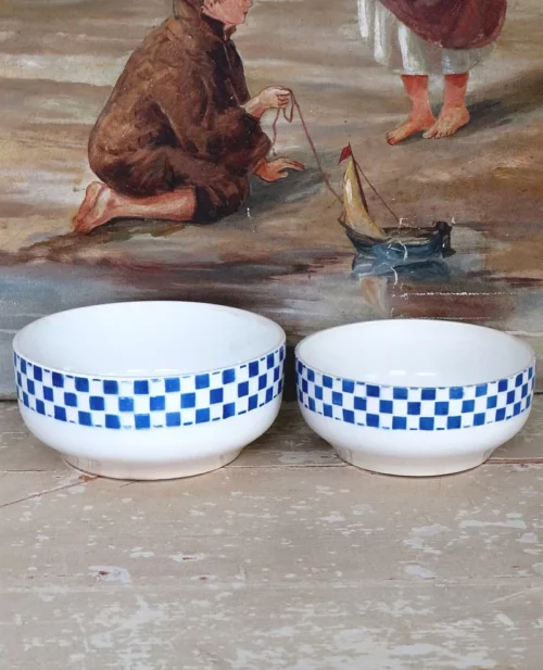 Set  oude schalen Nimy blauw/ wit geruit