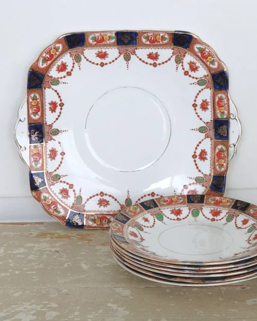 7- Delig gebaksstel/ bordenset “Carlisle Ware” Burgess Bros Longton