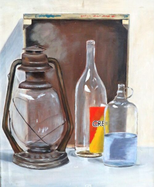Oud schilderij stilleven "Olielamp, krat  en flessen"
