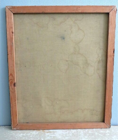 Oud schilderij stilleven "Olielamp, krat  en flessen"