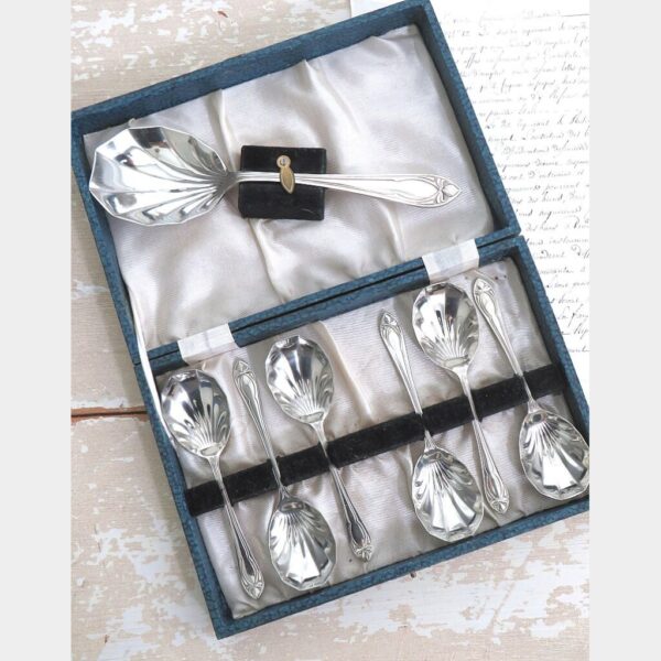 7-Delige oude dessertlepelset in cassettedoos