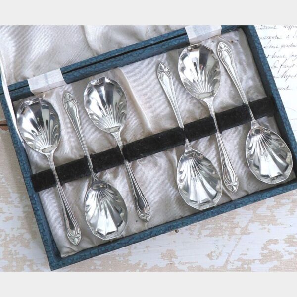 7-Delige oude dessertlepelset in cassettedoos