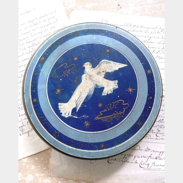 Oud blik/ trommel "Vredesduiven"