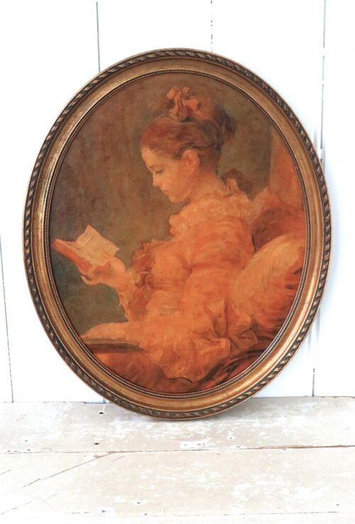 Oude oleografie "Lezende dame"