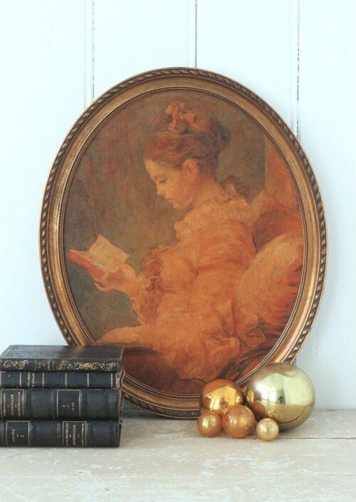 Oude oleografie "Lezende dame"