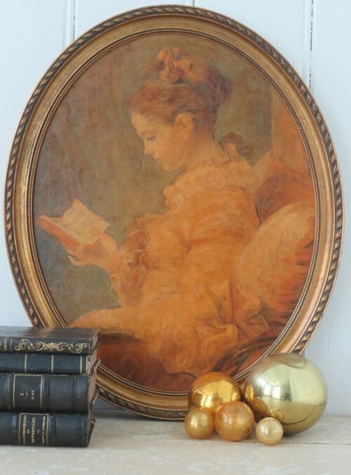Oude oleografie "Lezende dame"