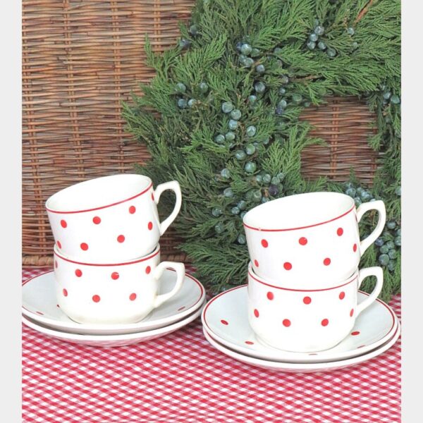 Set ( 4st.)  oude kop en schotels "Wit met rode stippen"