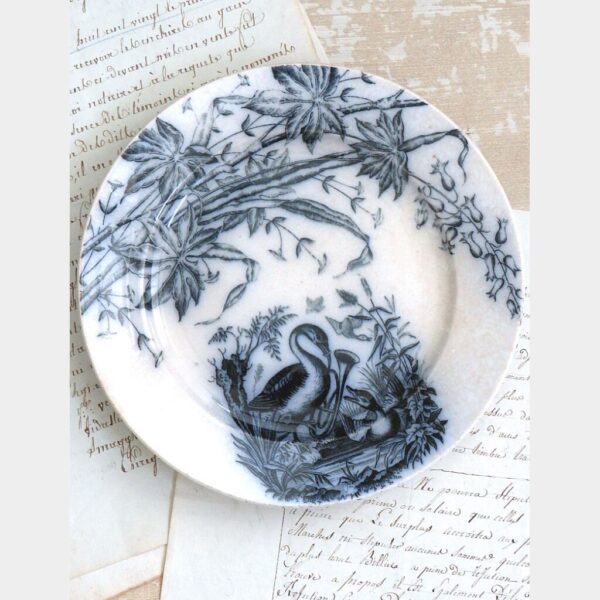 Antiek bordje Sociète Ceramique "Oiseaux"- Blauw