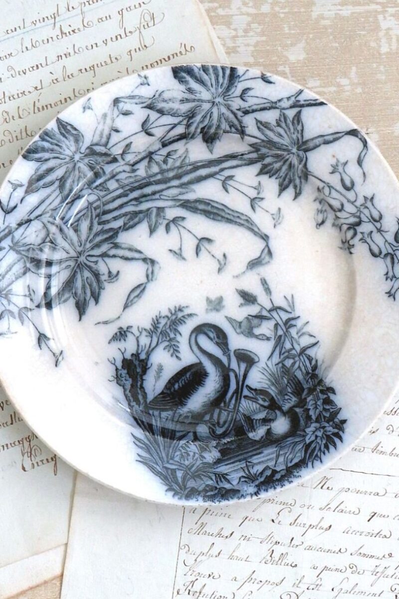 Antiek bordje Sociète Ceramique "Oiseaux"- Blauw
