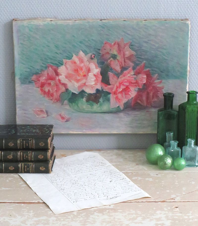 Antiek Frans schilderij "Rozen"