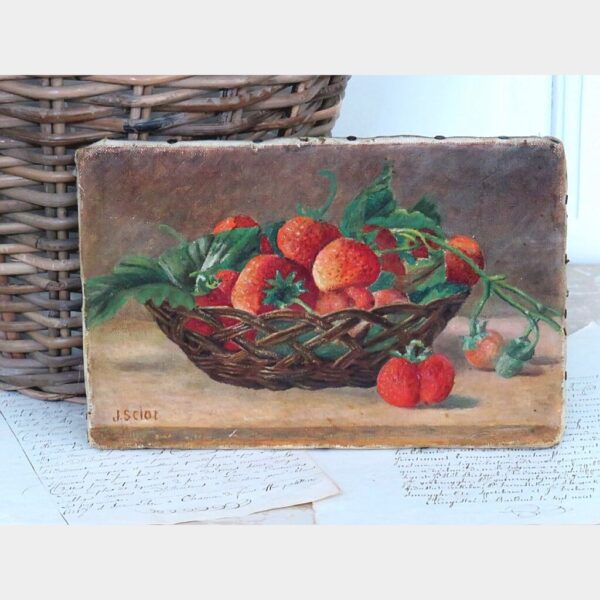 Antiek schilderij "Mandje aardbeien"