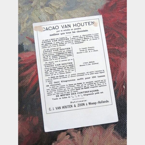 Antieke Franse reclamekaart Cacao Van Houten "Meisje met pop"