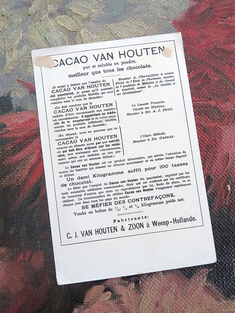 Antieke Franse reclamekaart Cacao Van Houten "Meisje met pop"
