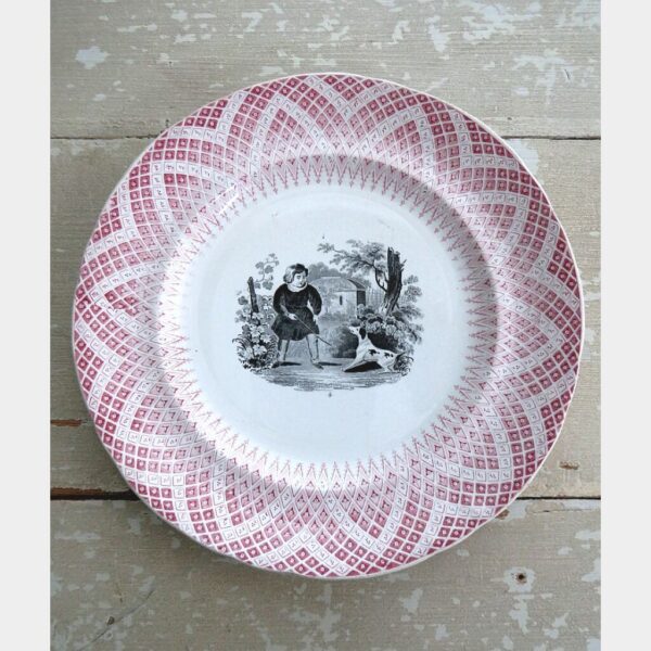 Antiek Frans bordje Creil et Montereau "Meisje met hondje"