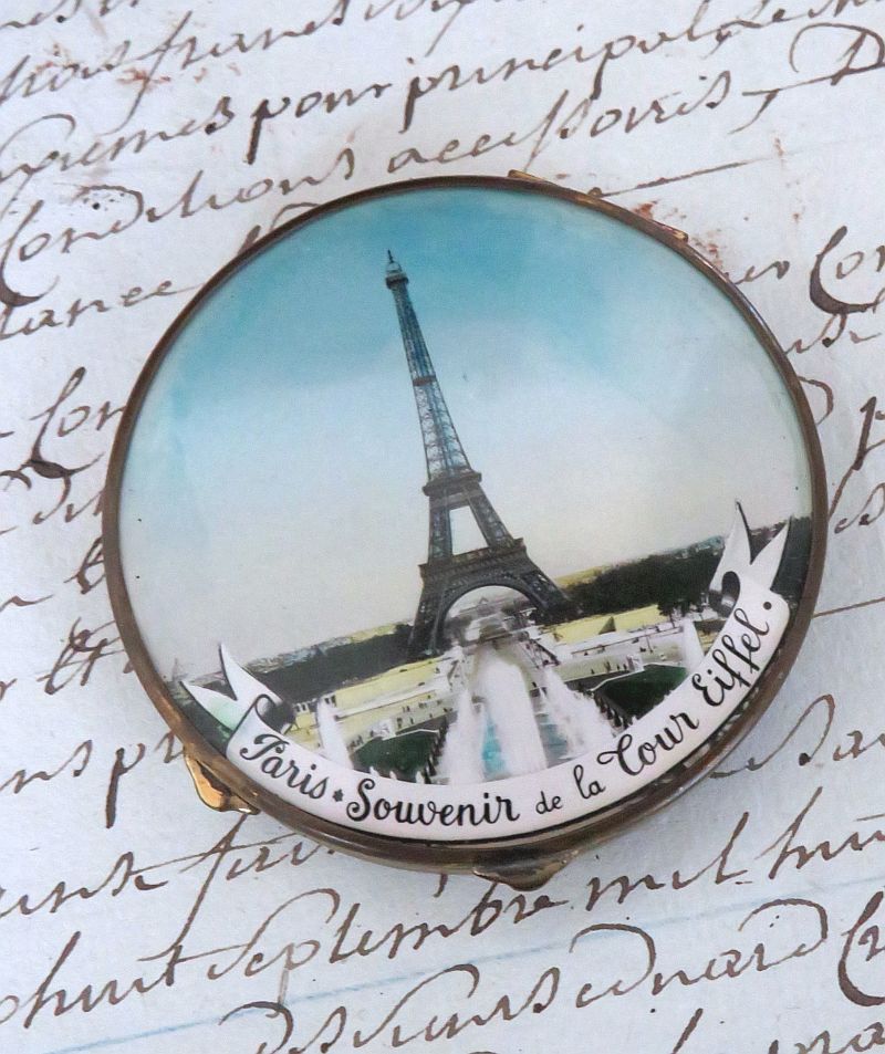 Oude Franse poederdoos/ spiegel "Paris, Souvenir de la Tour Eiffel"