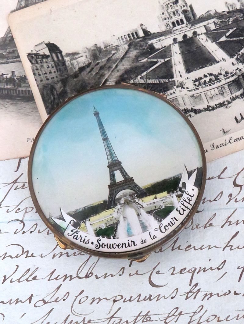 Oude Franse poederdoos/ spiegel "Paris, Souvenir de la Tour Eiffel"