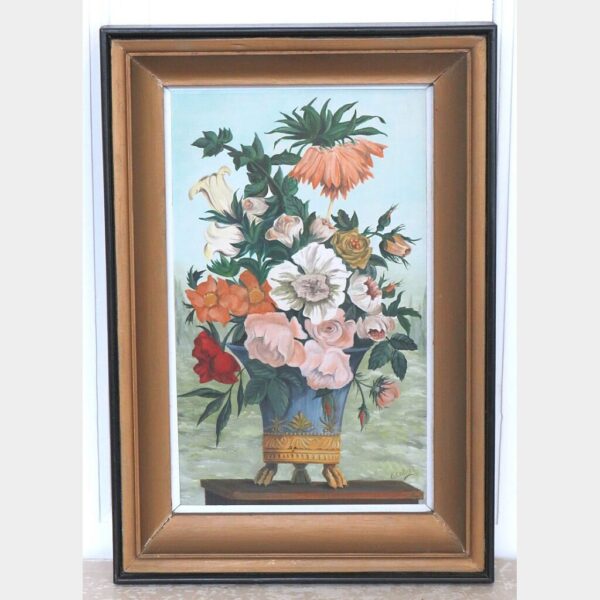 Oud Frans schilderij "Bloemenbak op leeuwenpootjes"