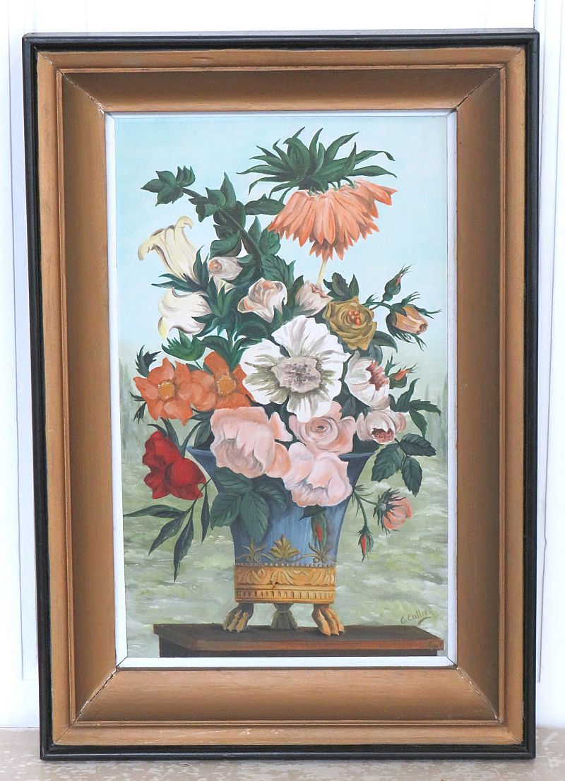 Oud Frans schilderij "Bloemenbak op leeuwenpootjes"