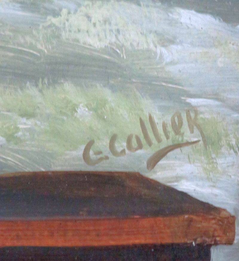 Oud Frans schilderij "Bloemenbak op leeuwenpootjes"