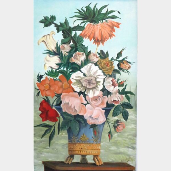 Oud Frans schilderij "Bloemenbak op leeuwenpootjes"