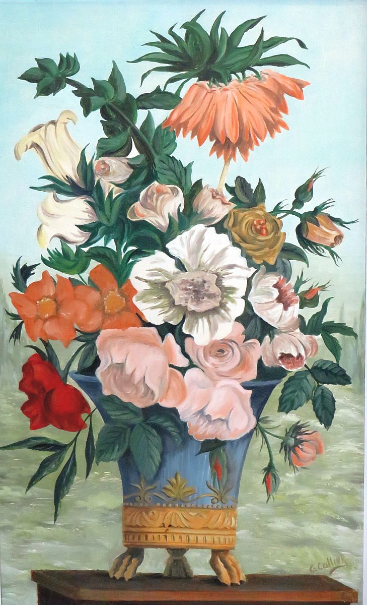 Oud Frans schilderij "Bloemenbak op leeuwenpootjes"