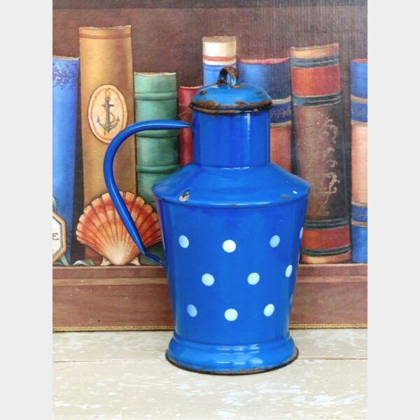 Oude emaille waterkan "Polkadots blauw"ca. 1950