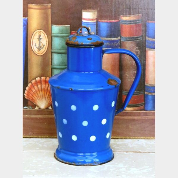 Oude emaille waterkan "Polkadots blauw"ca. 1950