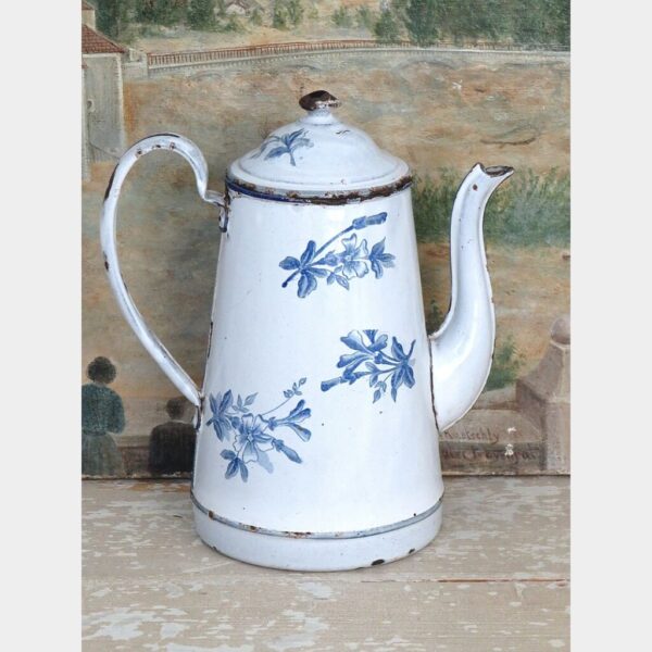 Oude Franse emaille theepot / koffiekan "Blauwe bloemen"