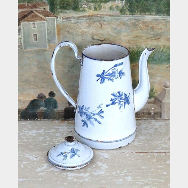 Oude Franse emaille theepot / koffiekan "Blauwe bloemen"