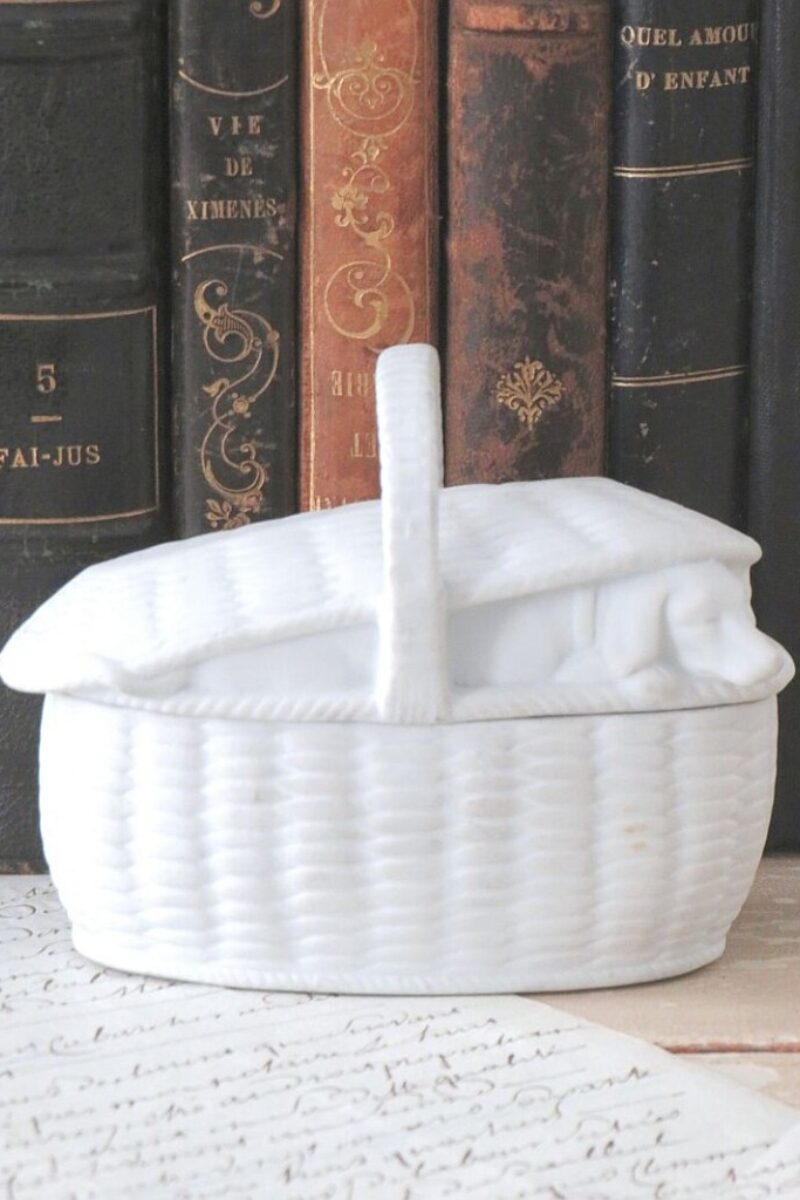 Oud sieradendoosje "Hondje in mand"