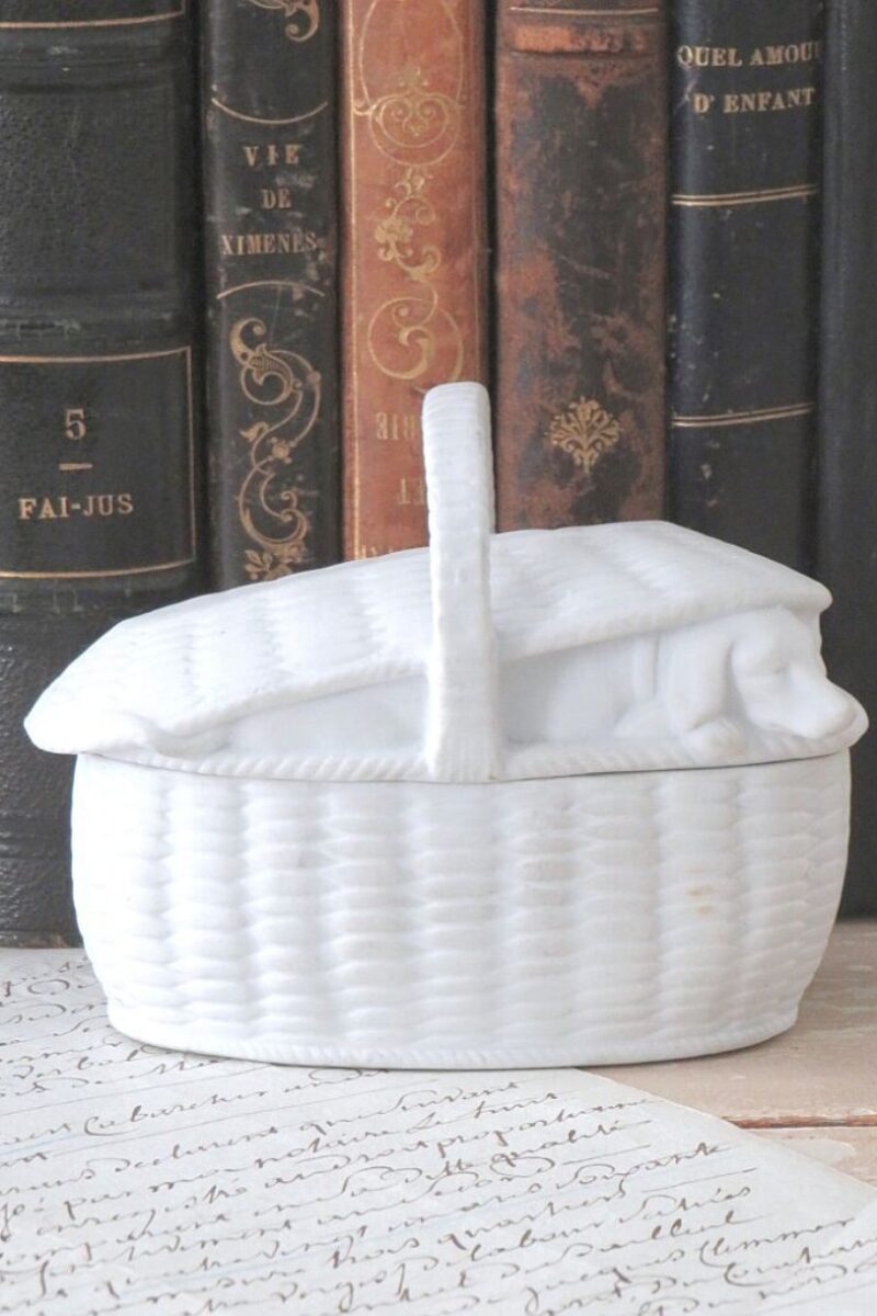 Oud biscuitdoosje "Hondje in mand"